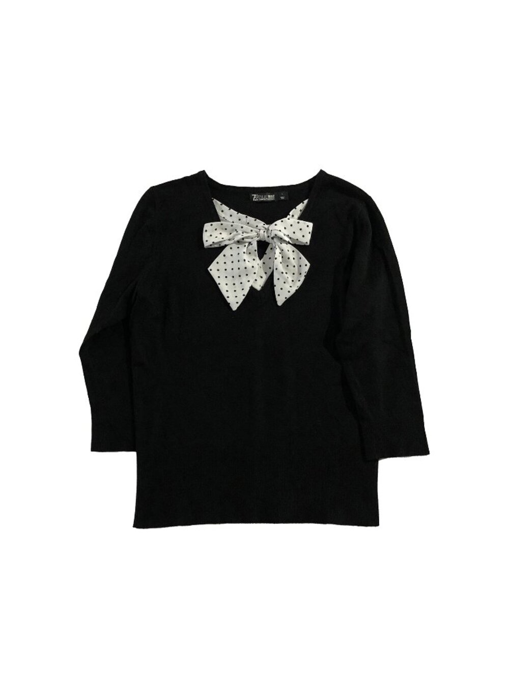 7th Avenue Design Studio Sweater Womens Size L Black White Neck Bow Tie ¾ Sleeve